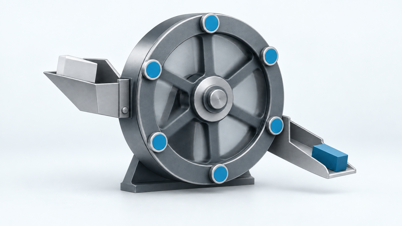 A rotating compliance wheel with document input and output trays.