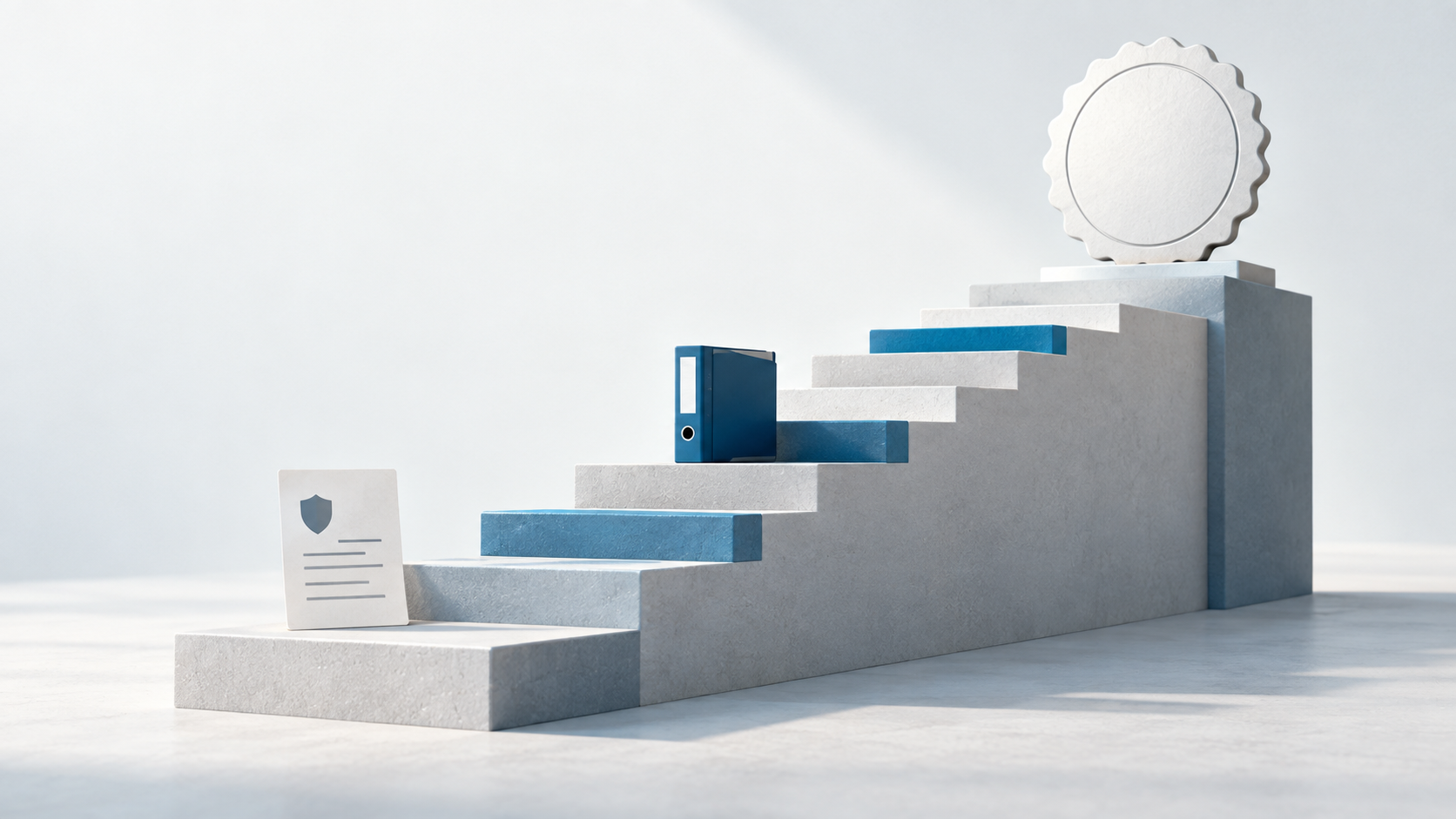 Steps with compliance documents lead toward a certification seal.