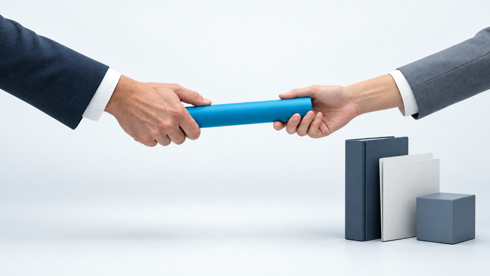 Two people pass a blue baton above a group of document binders.