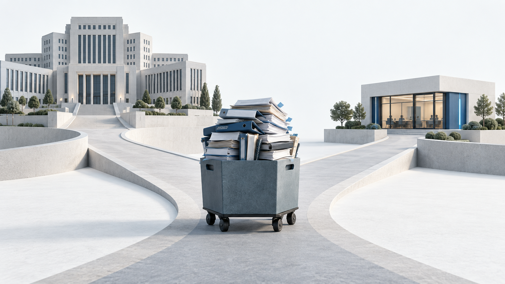 A cart of compliance documents at a fork between a large building and a smaller office.