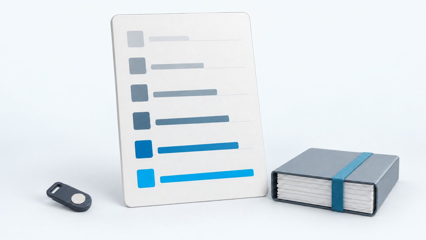 Illustrated compliance checklist beside an evidence binder and security key.