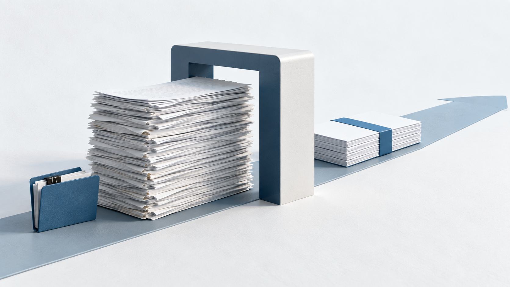 A large stack of documents passes through a gateway and becomes a neatly organized bundle.