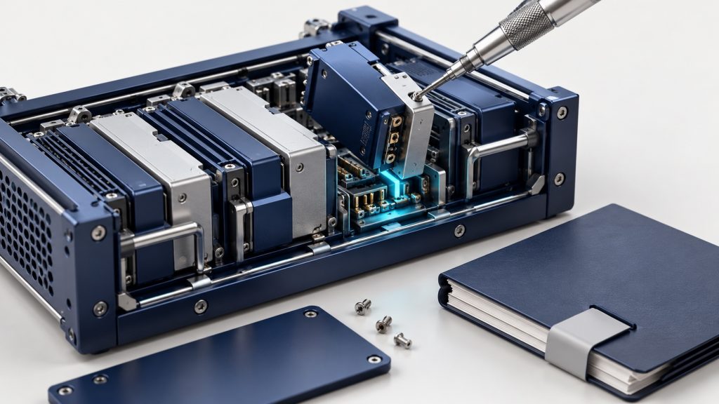 Precision screwdriver repairing a blue and silver electronic module beside a closed binder.