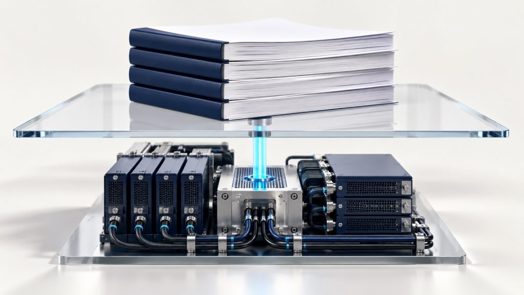 Stacked blue binders on a glass platform connected by blue light to electronic equipment below.