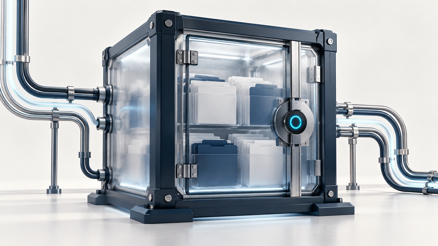 Glass document vault containing folders, secured with a blue illuminated lock and connected pipes.