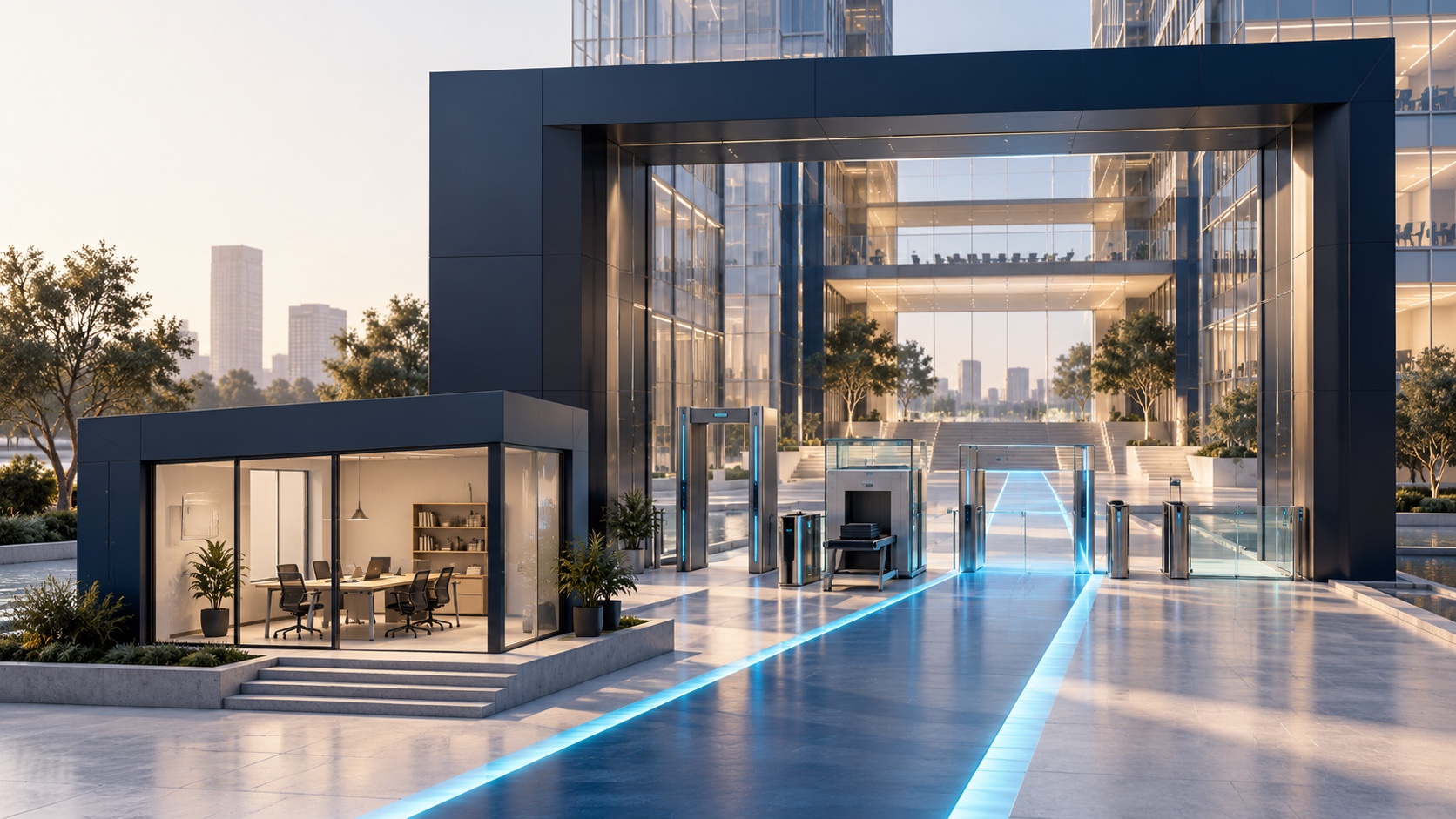 Modern glass office complex with security gates and a blue illuminated path to the entrance.