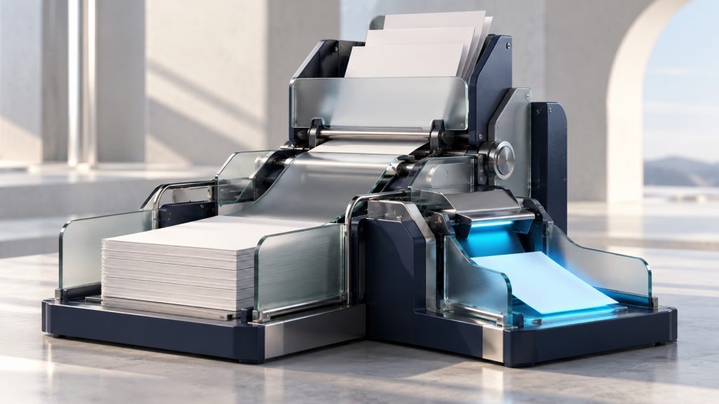 Document processing machine sorting a stack of papers with a blue illuminated output tray.